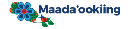 Maada'ookiing logo features a colorful ojibwe floral motif in shades of orange, green, blue, and red