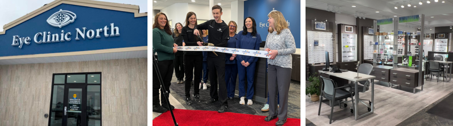 three photos show the outside of the main entrance of eye clinic north in virginia which has a blue and tan exterior with a large logo, a photo of the doctors and chamber staff at the official ribbon cutting, and a photo of the inside retail space with displays of eyeglass frames and tables and chairs for fitting glasses.