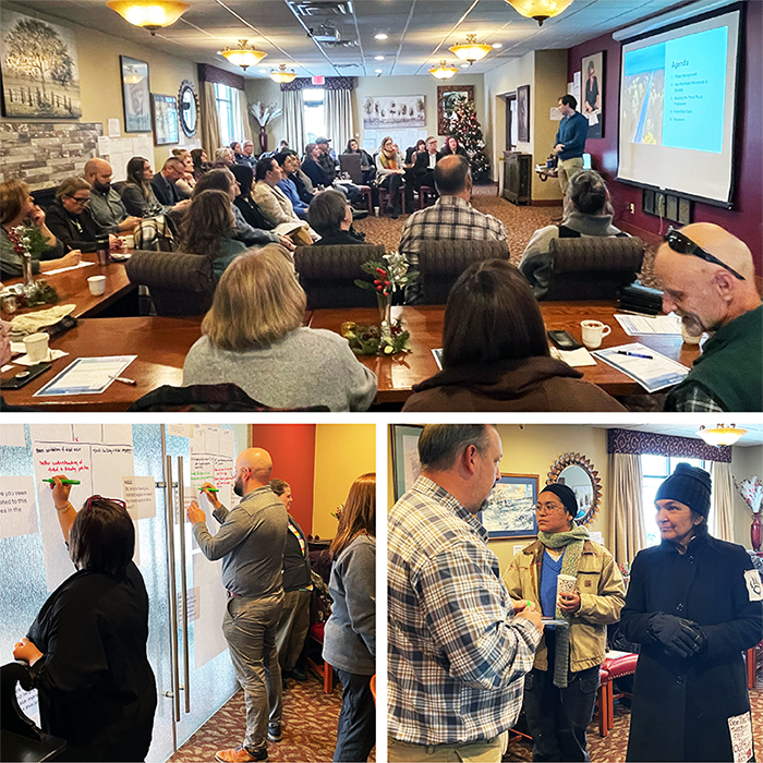 collage showing a crowded room of people viewing a presentation by Karl from Northspan, leaving notes on a giant post-it, and talking together