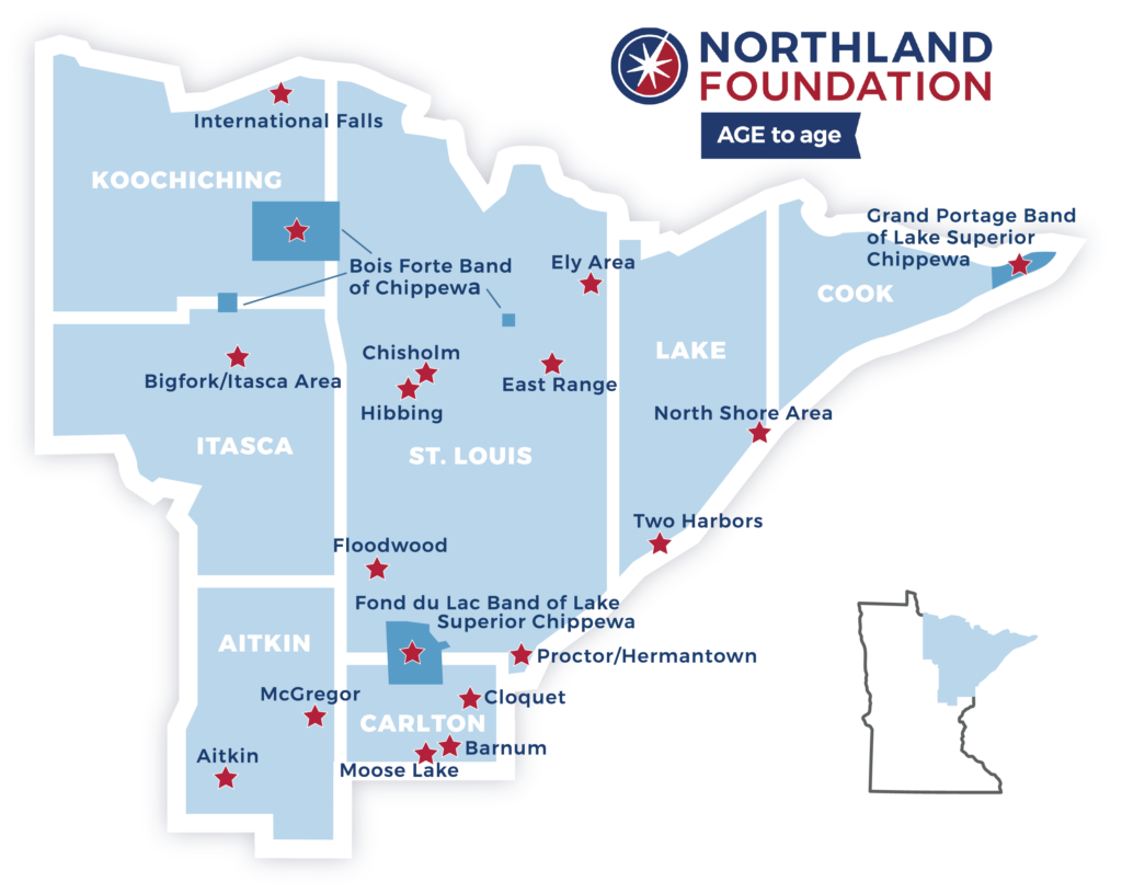 map of northland foundation region with red stars marking the 18 age to age sites